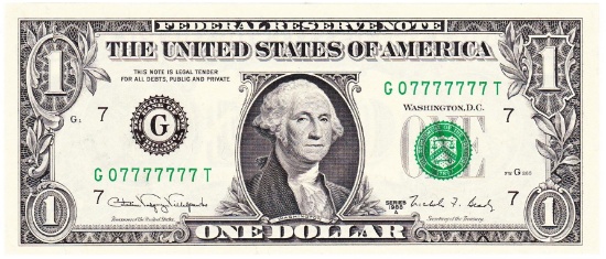 1988A "7 sevens" fancy serial number U.S. $1 green seal federal reserve banknote