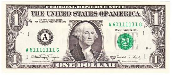 1988A "7 ones" fancy serial number U.S. $1 green seal federal reserve banknote