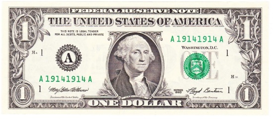 1993 "1914 repeater" fancy serial number U.S. $1 green seal federal reserve banknote