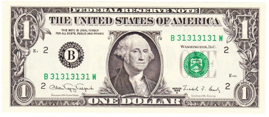 1988A "2-digit repeater" fancy serial number U.S. $1 green seal federal reserve banknote
