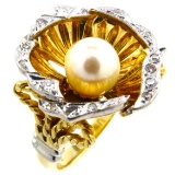 Vintage 18K yellow gold diamond & pearl in a shell cocktail ring