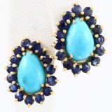 Pair of estate unmarked 18K yellow gold turquoise & natural sapphire halo earrings