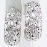Pair of estate 14K white gold diamond-cut j-hoop earrings