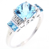 New 10K white gold diamond & blue topaz ring