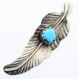 Estate unmarked sterling silver Native American feather pin with a turquoise cabochon