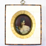 Antique portrait of Romany's Madame Juliette Recamier in a genuine ivory & tortoise shell frame