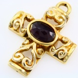 Estate 18K yellow gold garnet cross pendant