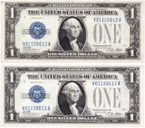 Lot of 2 consecutive serial number 1928A U.S. $1 