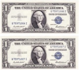 Lot of 2 consecutive serial number 1935F U.S. $1 blue seal silver certificate banknotes