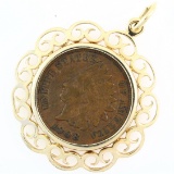 Estate 14K yellow gold bezel frame pendant with a 1908 U.S. Indian cent