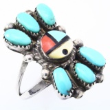 Estate Native American sterling silver turquoise, mother-of-pearl, coral & onyx ring