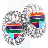 Pair of estate Native American sterling silver multi-stone inlay heart earrings