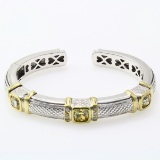 Estate Judith Ripka 18K yellow gold & sterling silver diamond & yellow CZ hinged cuff bracelet