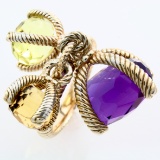 Estate sterling silver amethyst, citrine & lemon quartz dangle ring