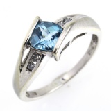 Vintage 10K white gold diamond & blue topaz ring