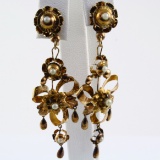 Pair of antique 12k yellow gold filled & seed pearl dangle drop floral earrings