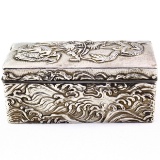 Vintage unmarked sterling silver dragon design hinged box with wooden lining