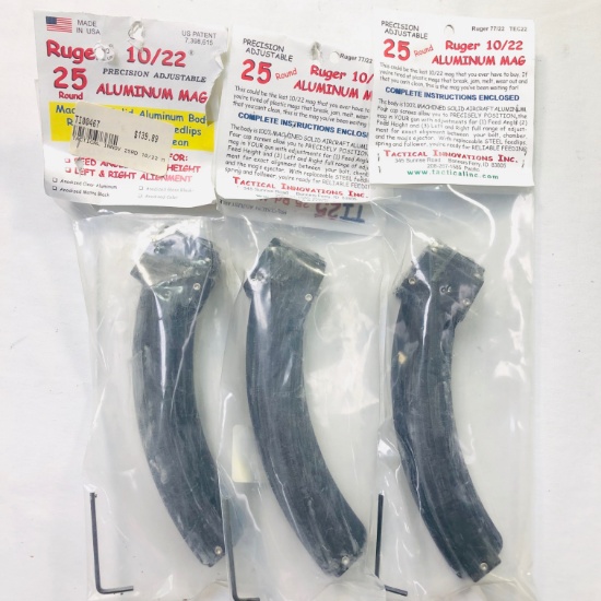 Lot of 3 new Tactical Innovations 10/22 .22 LR 25-round capacity black magazines