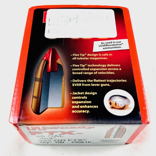 Lot of 5 new boxes of Hornady FTX #45218, 45 cal .452", 225 GR FTX bullets: 100 per box