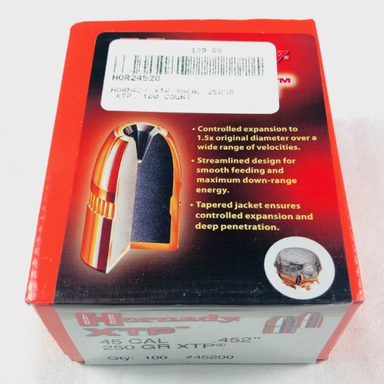 Lot of 5 new boxes of Hornady XTP #45200, 45 cal, .452", 225 GR FTX bullets: 100 per box