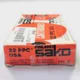 Lot of 15 rounds of new-in-the-box Finland Sako .22 PPC cal 52 gr hollowpoint rifle ammo