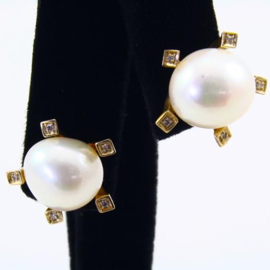 Pair of estate 18K yellow gold diamond & South Sea pearl stud earrings