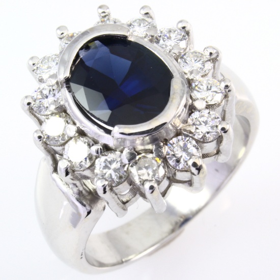 Estate unmarked 18K white gold diamond & natural sapphire ring