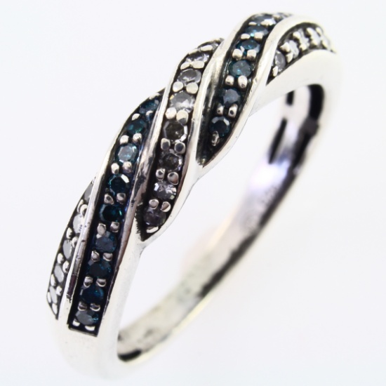 Estate sterling silver blue & white diamond ring