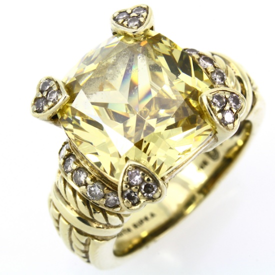 Estate 14K yellow gold Judith Ripka diamond & canary crystal statement ring