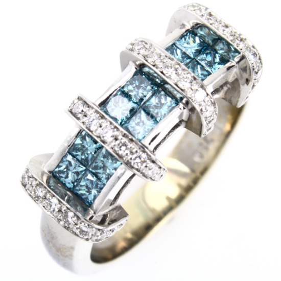Estate 18K white gold white & blue diamond ring band