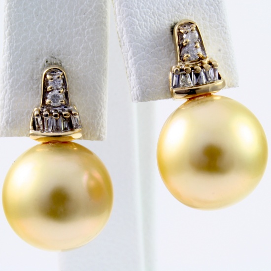 Pair of vintage 14K yellow gold South Sea pearl & diamond stud earrings