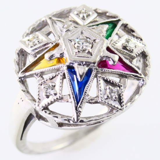 Estate 10K white gold Order of the Eastern Star diamond & multi-gemstone ring