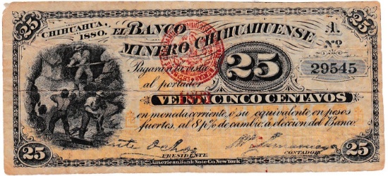 1880 Chihuahua [Mexico] Banco Minero Chihuahuense 25 centavo banknote