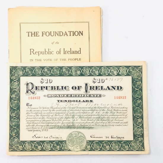 1920 Republic of Ireland $10 gold bond certificate & "Results of the General Election" booklet