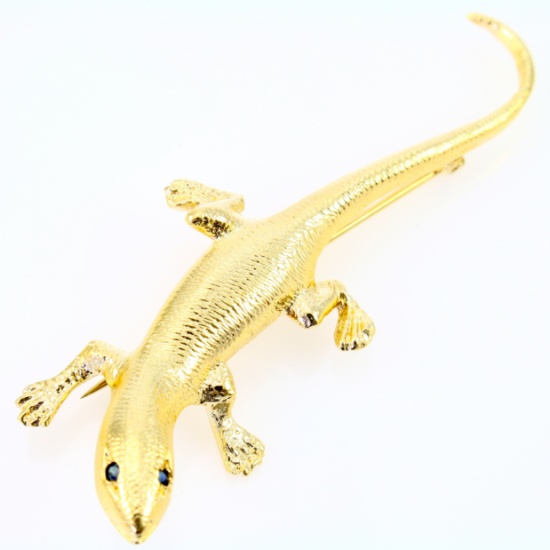 Estate 14K yellow gold & natural sapphire gecko pin