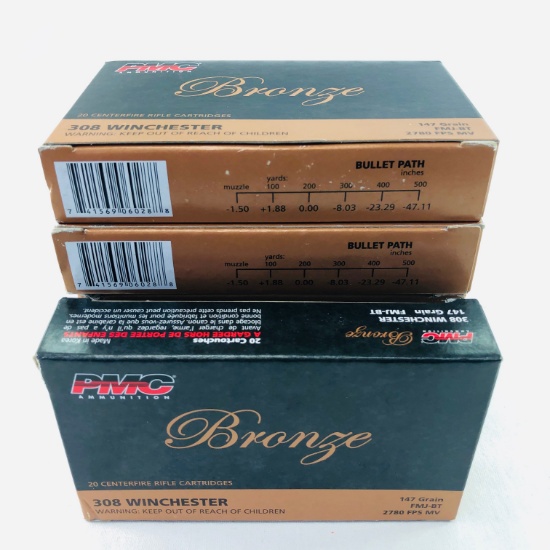 Lot of 120 rounds of boxed PMC Bronze .308 WIN 147 grain FMJ-BT ammo