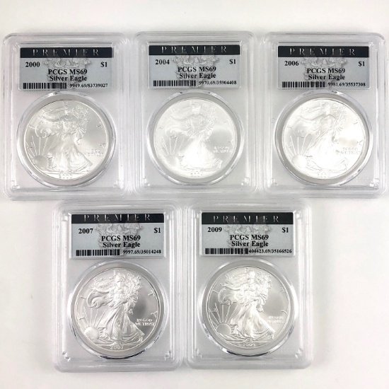 Lot of 5 different certified U.S. American Eagle silver dollars