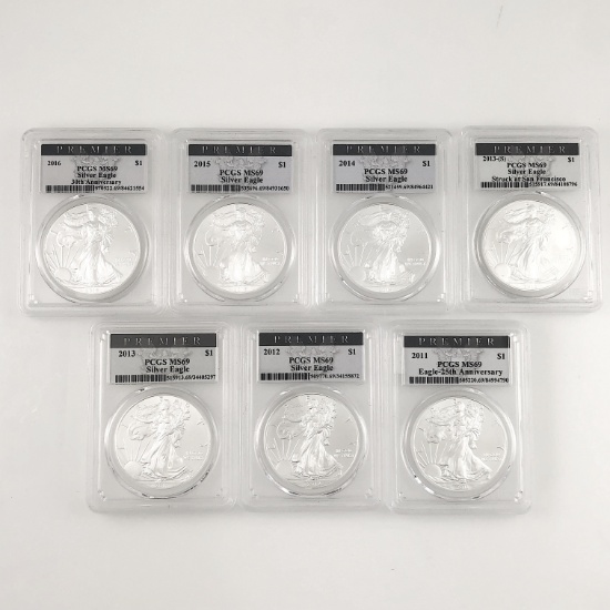 Continuous run of 7 different certified U.S. American Eagle silver dollars