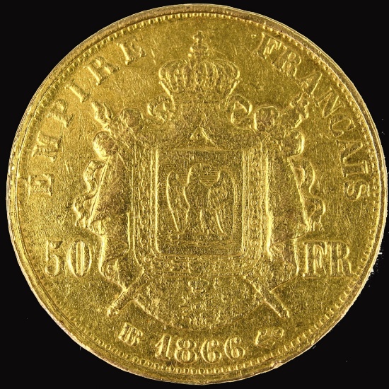 1866-BB France 50 franc gold coin
