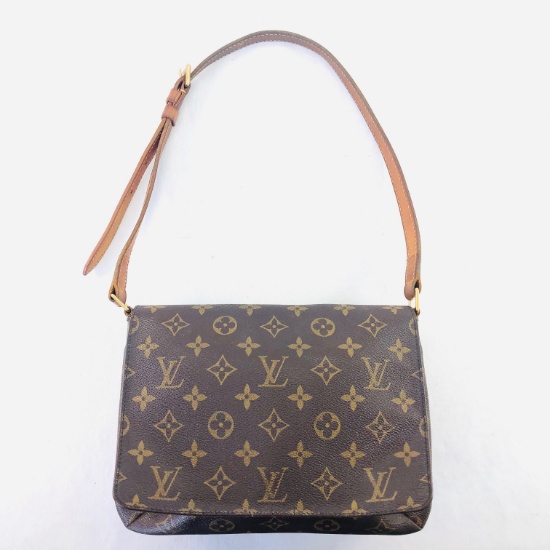 Authentic estate Louis Vuitton "Musette Tango" canvas & leather shoulder bag