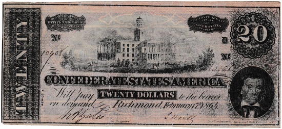 1864 Confederate States of America $20 banknote