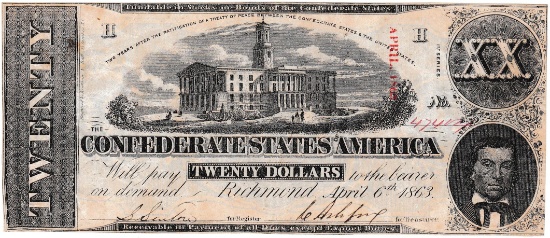 1863 Confederate States of America $20 banknote