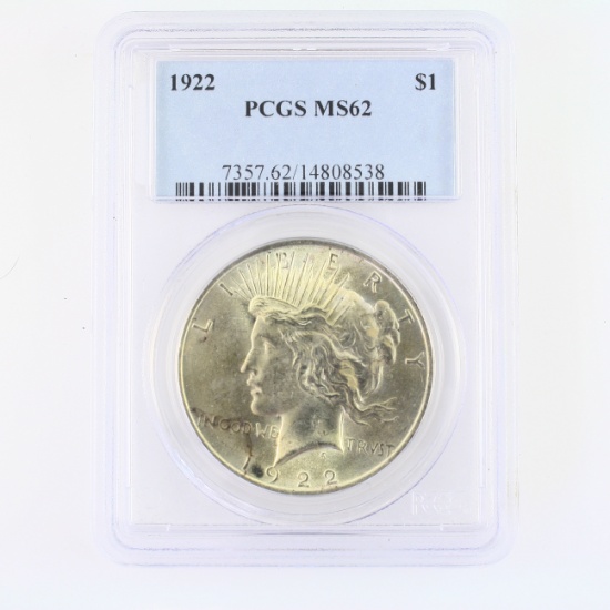 Certified 1922 U.S. peace silver dollar