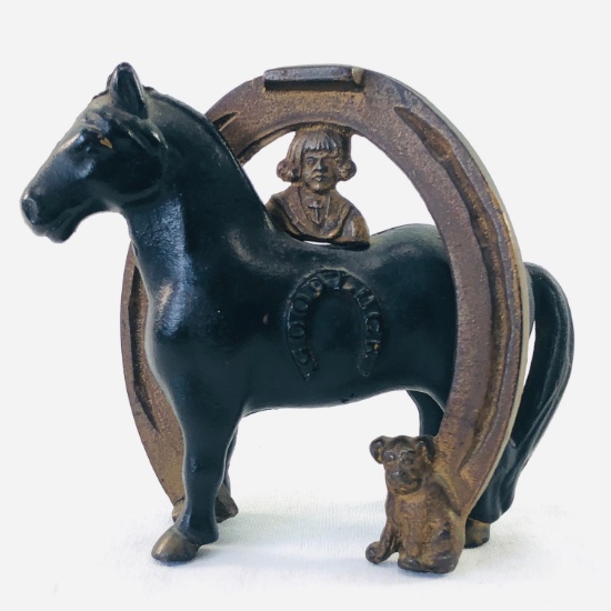 Vintage "Good Luck" horse with horseshoe still bank