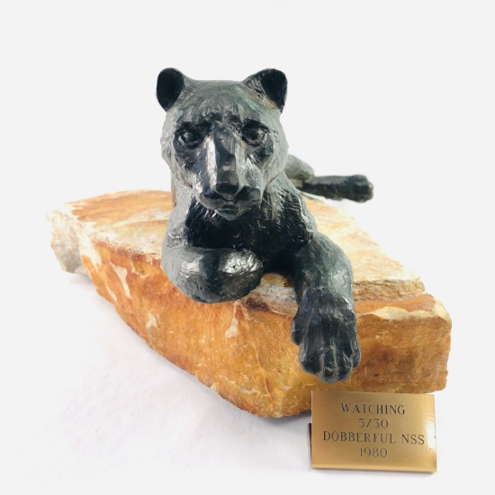 Signed 1980 Donna Dobberfuhl solid bronze "Watching" panther figurine