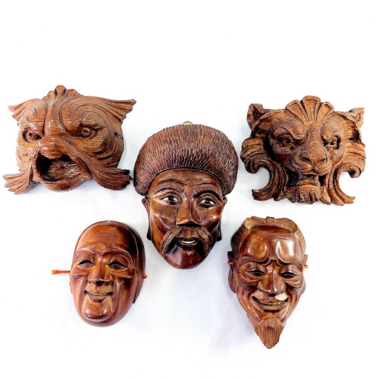 Collection of 5 hand-carved Asian & African hardwood & softwood heads & masks