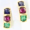 Pair of estate 18K yellow gold natural emerald, ruby & sapphire stud earrings