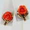 Pair of vintage unmarked 18K yellow gold carved coral rose stud earrings