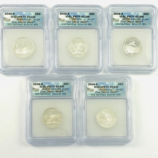 Complete 5-piece set of certified 2006 silver proof state quarters