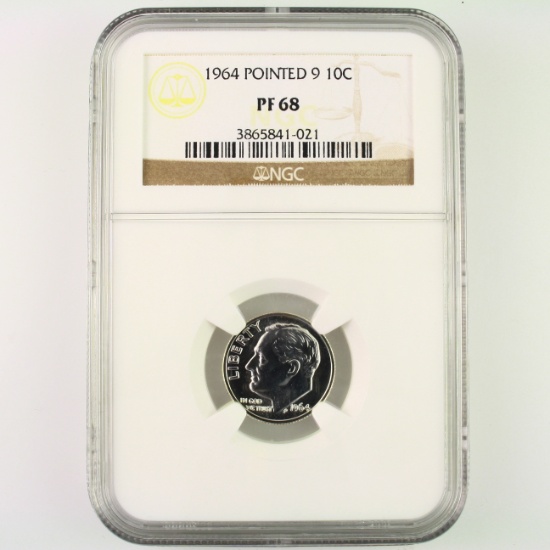 Certified 1964 pointed 9 proof U.S. Roosevelt dime